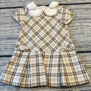 Luli & Me drop waist cream, green and red plaid dress with flower collar size 4